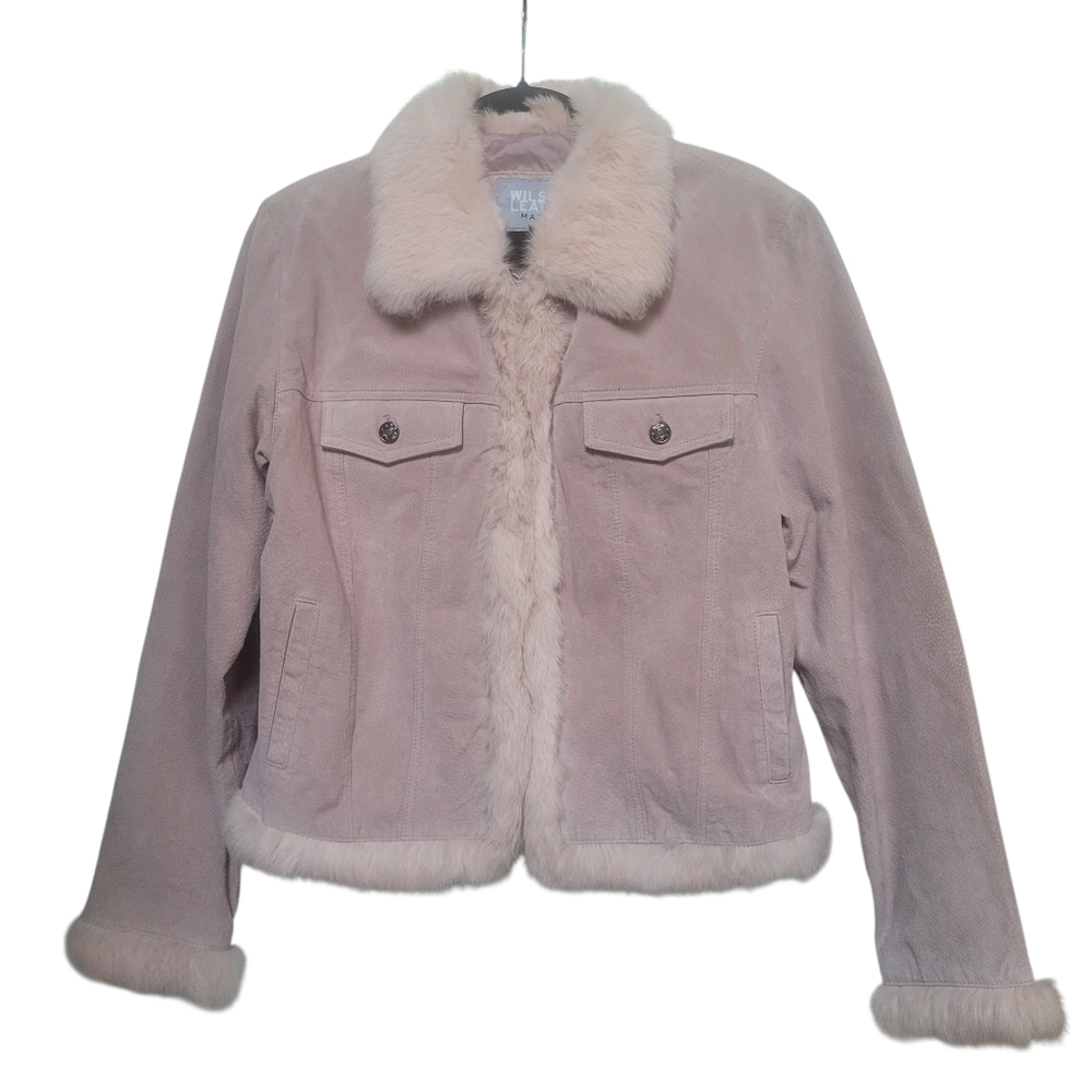 Y2K Wilson’s Leather Maxima Blush Pink Suede Jacket Genuine Rabbit Fur Trim L - Picture 3 of 11